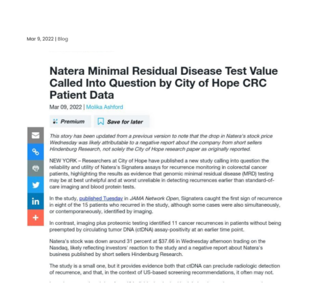 Natera Minimal Residual Disease (MRD) Test Value Questioned by City of Hope for Colorectal Cancer Patients