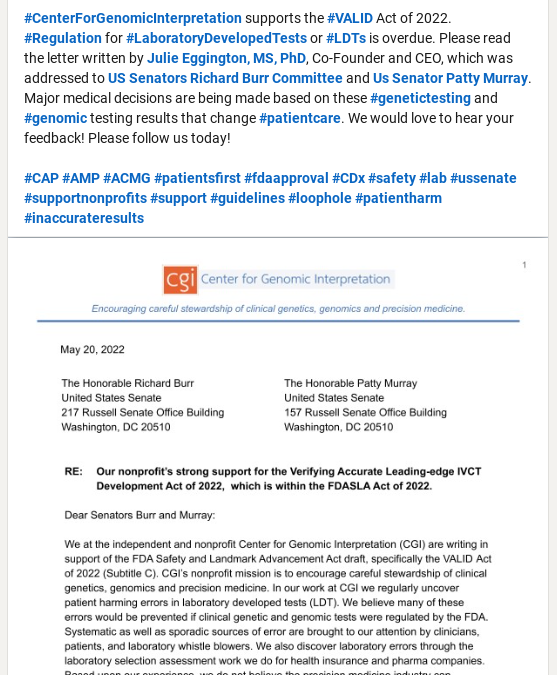 Support for VALID in the FDA Safety and Landmark Advancement Act Draft of 2022