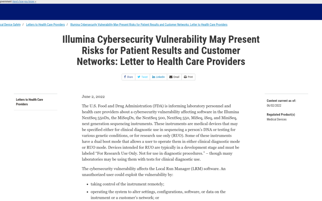 Illumina Cybersecurity Vulnerability May Present Risks for Patient Results and Customer Networks