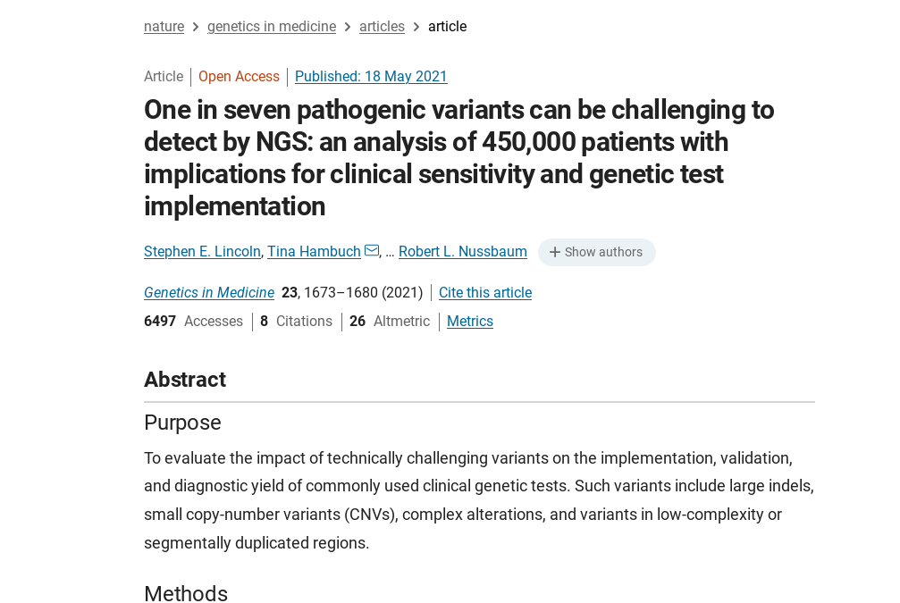 One in seven pathogenic variants can be challenging to detect by NGS: an analysis of 450,000 patients with implications for clinical sensitivity and genetic test implementation