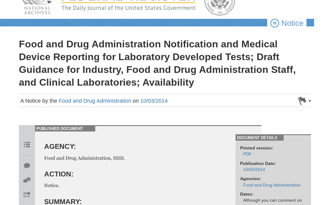 Food and Drug Administration Notification and Medical Device Reporting for Laboratory Developed Tests; Draft Guidance for Industry, Food and Drug Administration Staff, and Clinical Laboratories; Availability