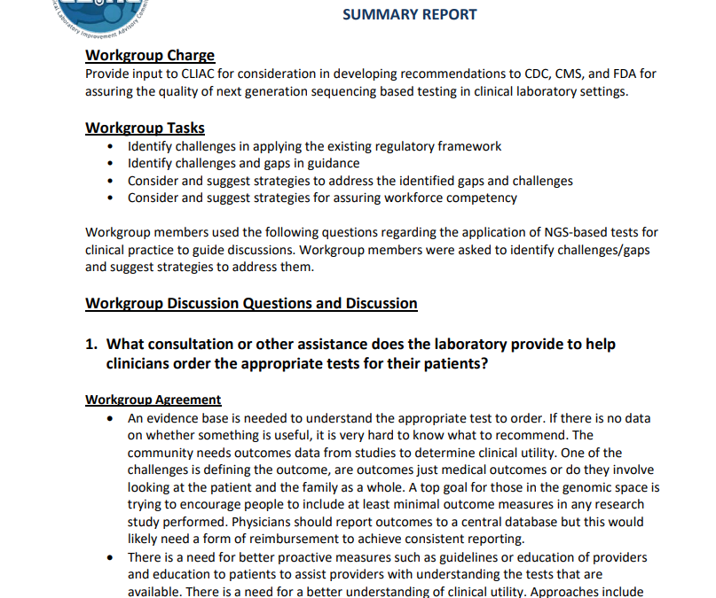Clinical Laboratory Improvement Advisory Committee (CLIAC) Next Generation Sequencing (NGS) Workgroup