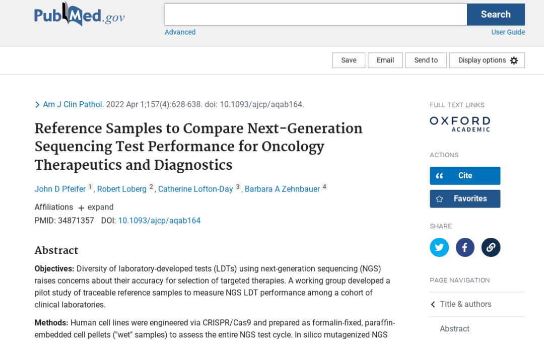 SPOT/Dx Pilot Publication; Pfeifer JD et al. Reference Samples to Compare Next-Generation Sequencing Test Performance for Oncology Therapeutics and Diagnostics. American Journal of Clinical Pathology 2022