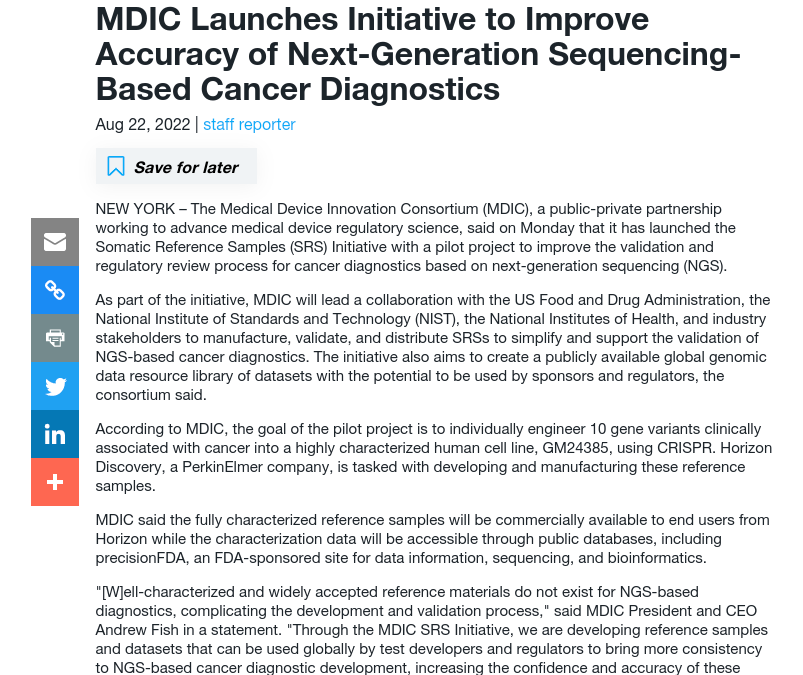 Medical Device Innovation Consortium (MDIC) Launching New Initiative for Somatic Reference Samples