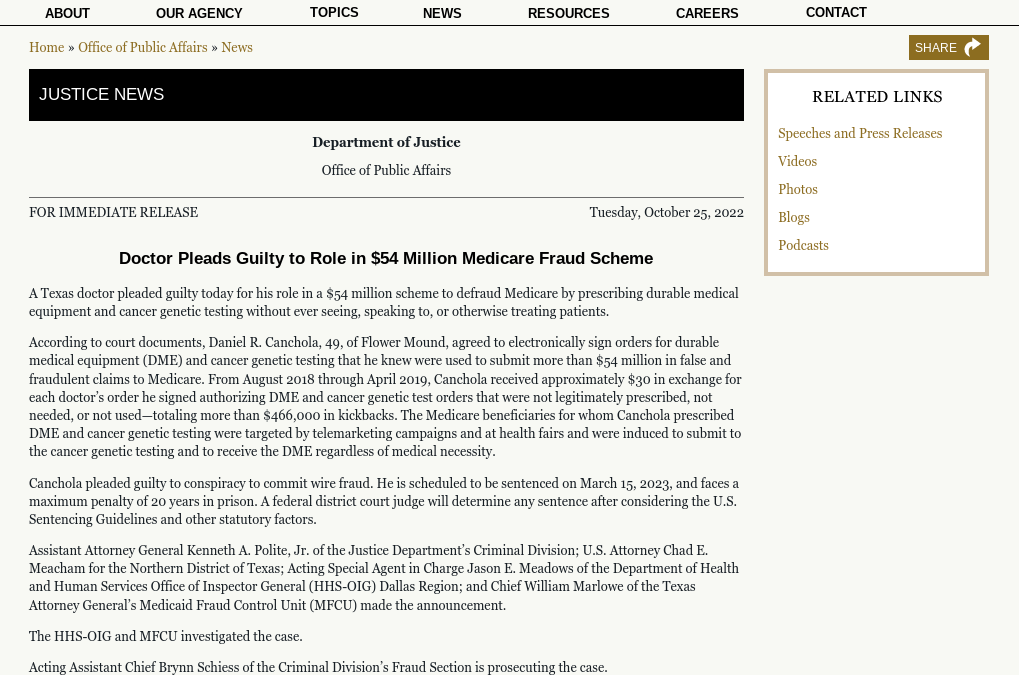 Texas Doctor Pleads Guilty to Role in $54 million Medicare Fraud Scheme including Hereditary Cancer Genetic Testing