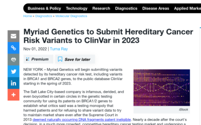 Myriad Genetics to Submit Hereditary Cancer Risk Variants to ClinVar in 2023