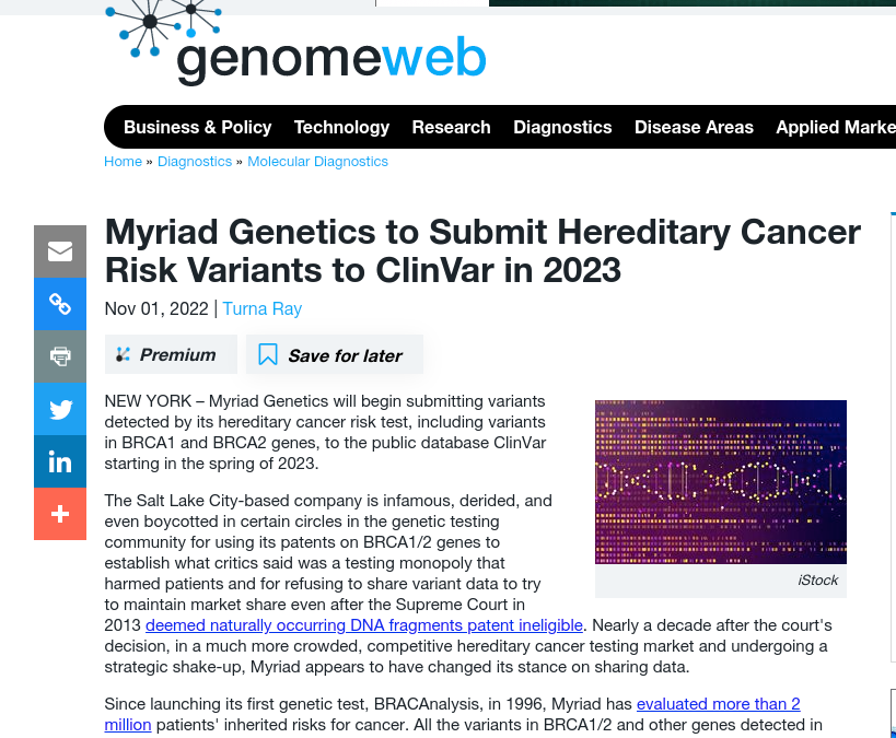 Myriad Genetics to Submit Hereditary Cancer Risk Variants to ClinVar in 2023