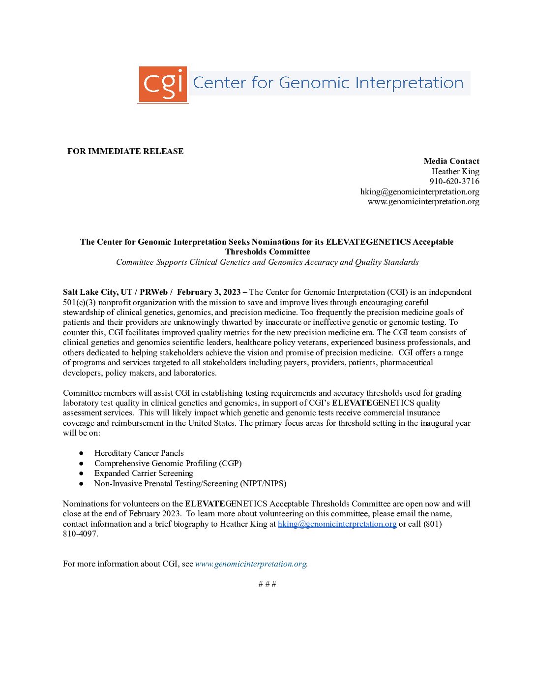 Center For Genomic Interpretation Seeks Nominations of ELEVATEGENETICS Acceptable Thresholds Committee